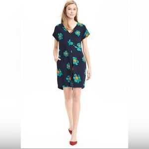 Banana Republic Sz 10 Navy Blue turquoise Floral dress A line short sleeve